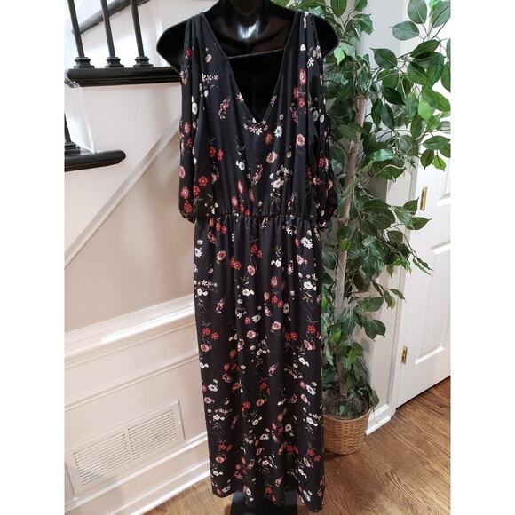 Lilian Women Black Floral Polyester Cold Shoulder Long Sleeve Long Maxi Dress 2X - Picture 7 of 13